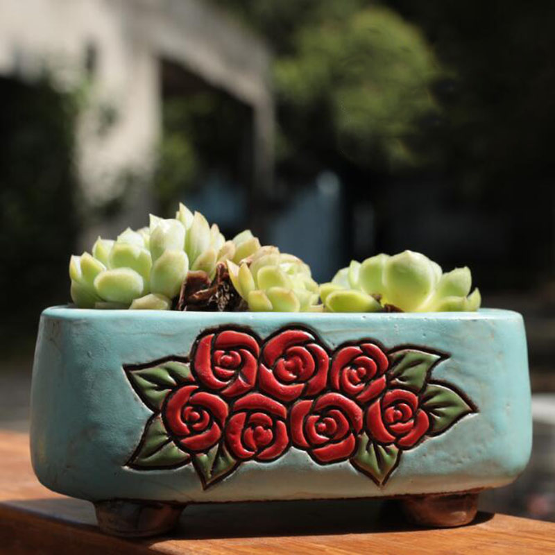 Ceramic Rectangle Floral Patte - Bonsai Garden Europe 评论和价格